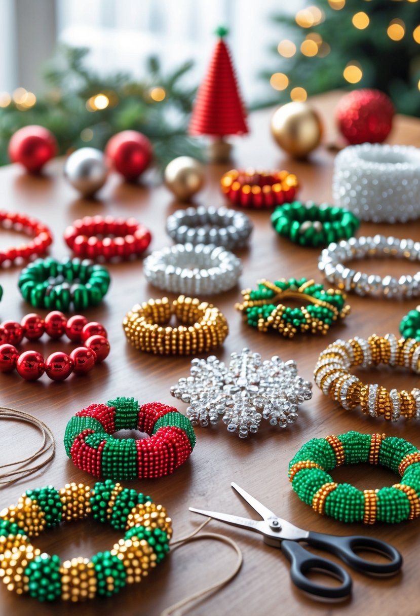 A table filled with colorful Christmas bead crafts including ornaments, wreaths, snowflakes, and garlands with crafting tools nearby.