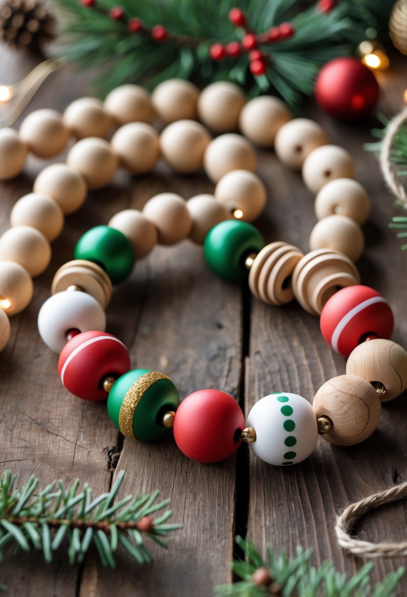 A wooden bead garland with natural and painted beads arranged on a wooden surface with pine branches and small Christmas decorations around it.