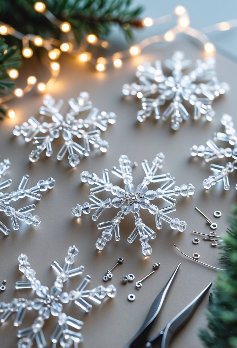 Close-up of clear seed bead snowflake ornaments with crafting tools and festive decorations on a table.