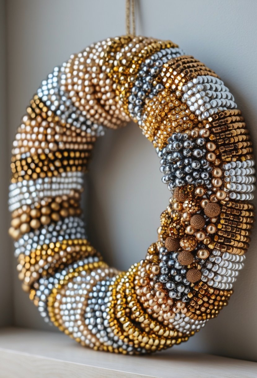 A festive wreath made of mixed metallic beads in gold, silver, and bronze colors displayed on a neutral background.