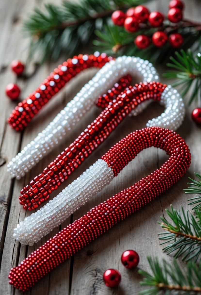 Beaded candy cane decorations made from red and white beads arranged on a wooden surface with pine branches and red berries.
