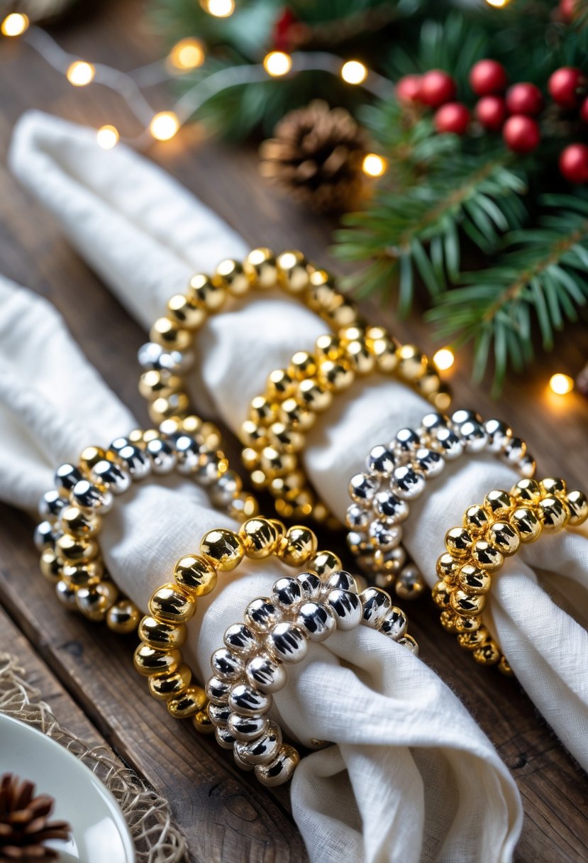 A festive table setting with white napkins held by Christmas bead napkin rings featuring gold and silver accents, surrounded by pine branches and red berries.