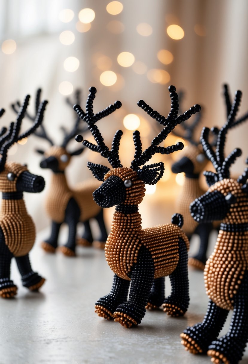 A group of small reindeer figurines made from brown and black beads displayed on a surface.