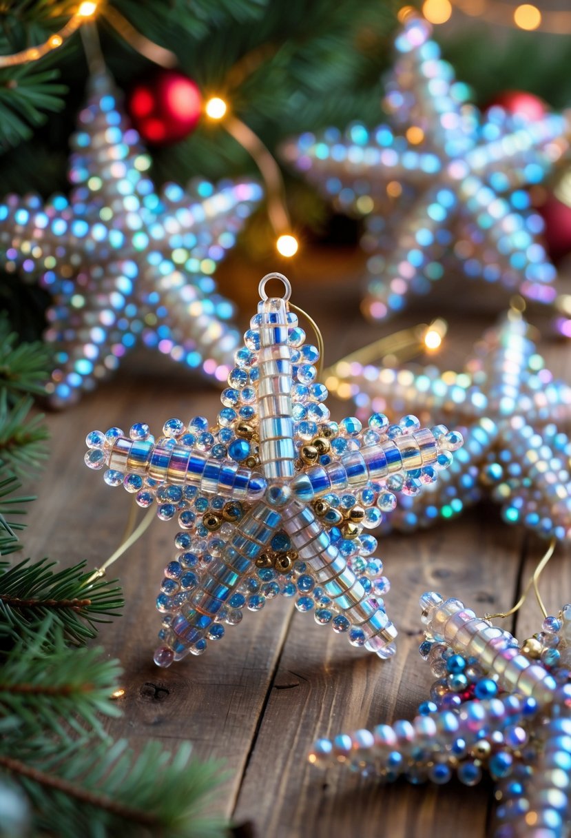 Close-up of star-shaped Christmas ornaments made from iridescent beads arranged on a wooden surface with pine branches and warm holiday lights in the background.