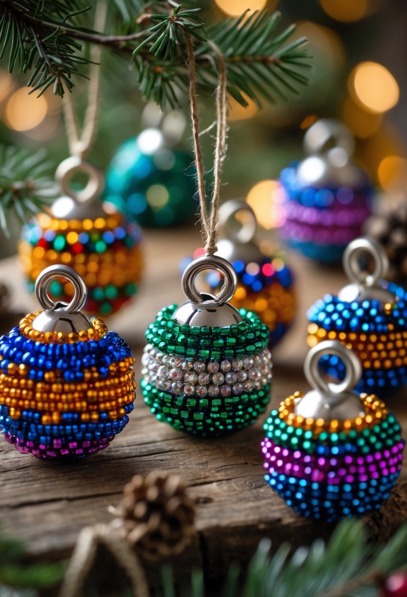 A group of colorful beaded bell Christmas ornaments with jingle bells at their centers arranged on a wooden surface with warm holiday lighting.
