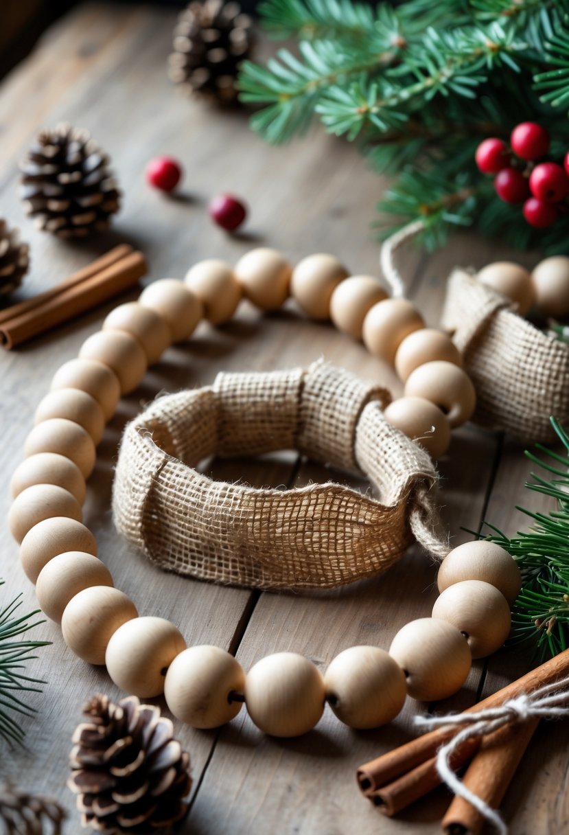 A rustic wooden bead and burlap garland arranged with pine cones, evergreen sprigs, red berries, and cinnamon sticks on a wooden surface.
