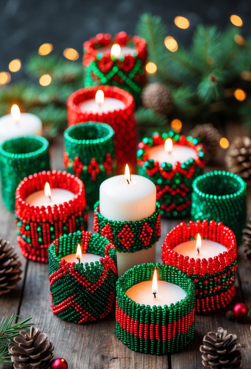 Several white pillar candles wrapped with red and green beaded decorations on a wooden surface surrounded by pine branches and pinecones.