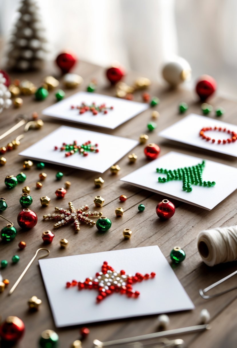A table with handmade Christmas cards decorated with colorful beads and crafting tools surrounding them.