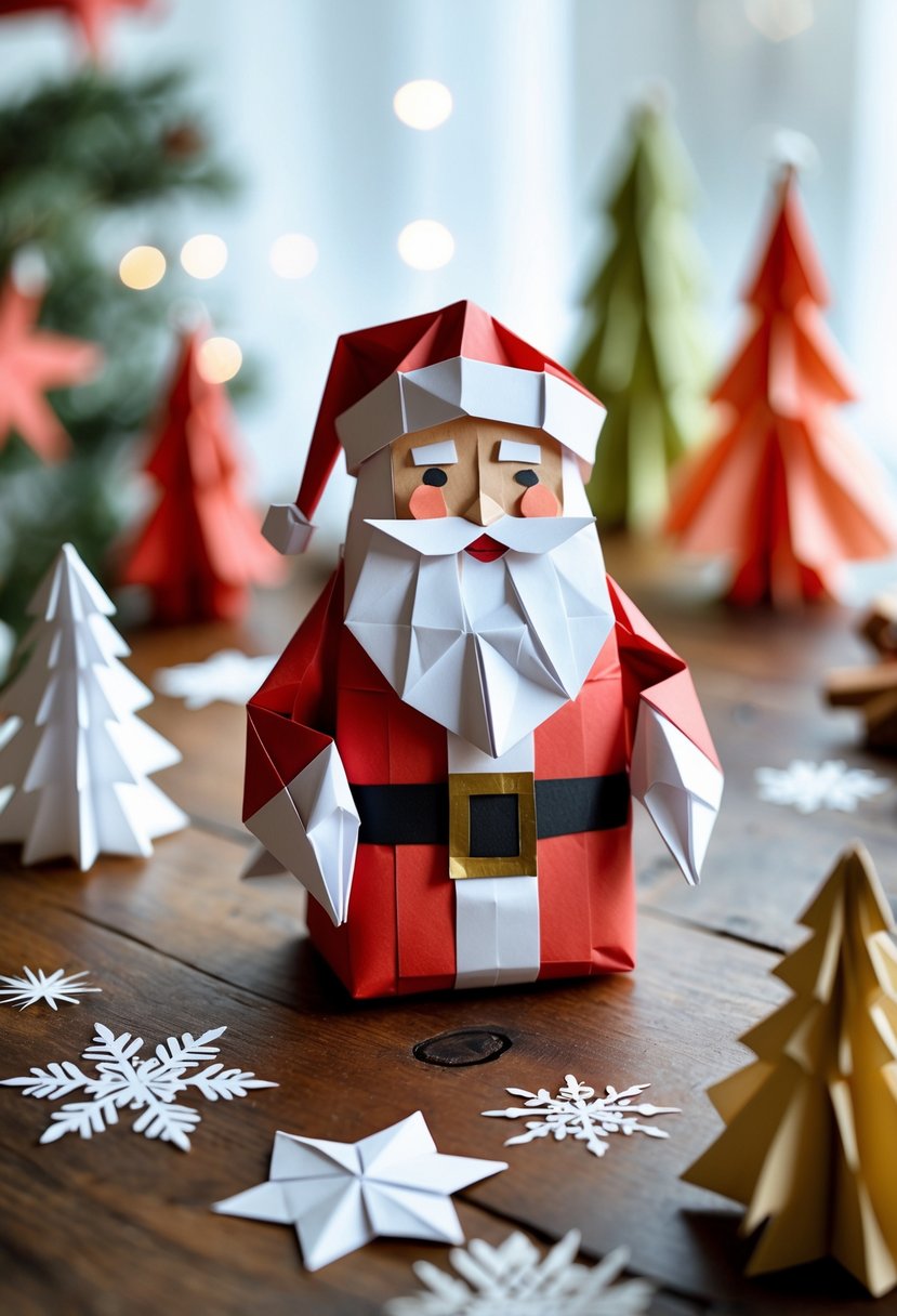 An origami Santa Claus surrounded by Christmas paper crafts on a wooden table.