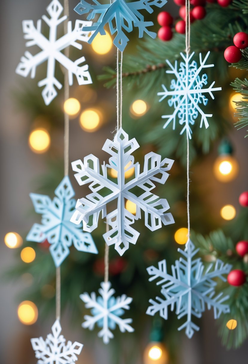 A collection of paper snowflake decorations hanging indoors with Christmas lights and pine branches in the background.