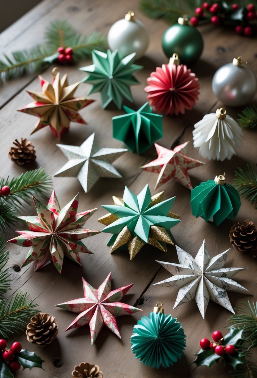 A collection of handmade Christmas paper ornaments arranged on a wooden table with pine needles and pine cones.