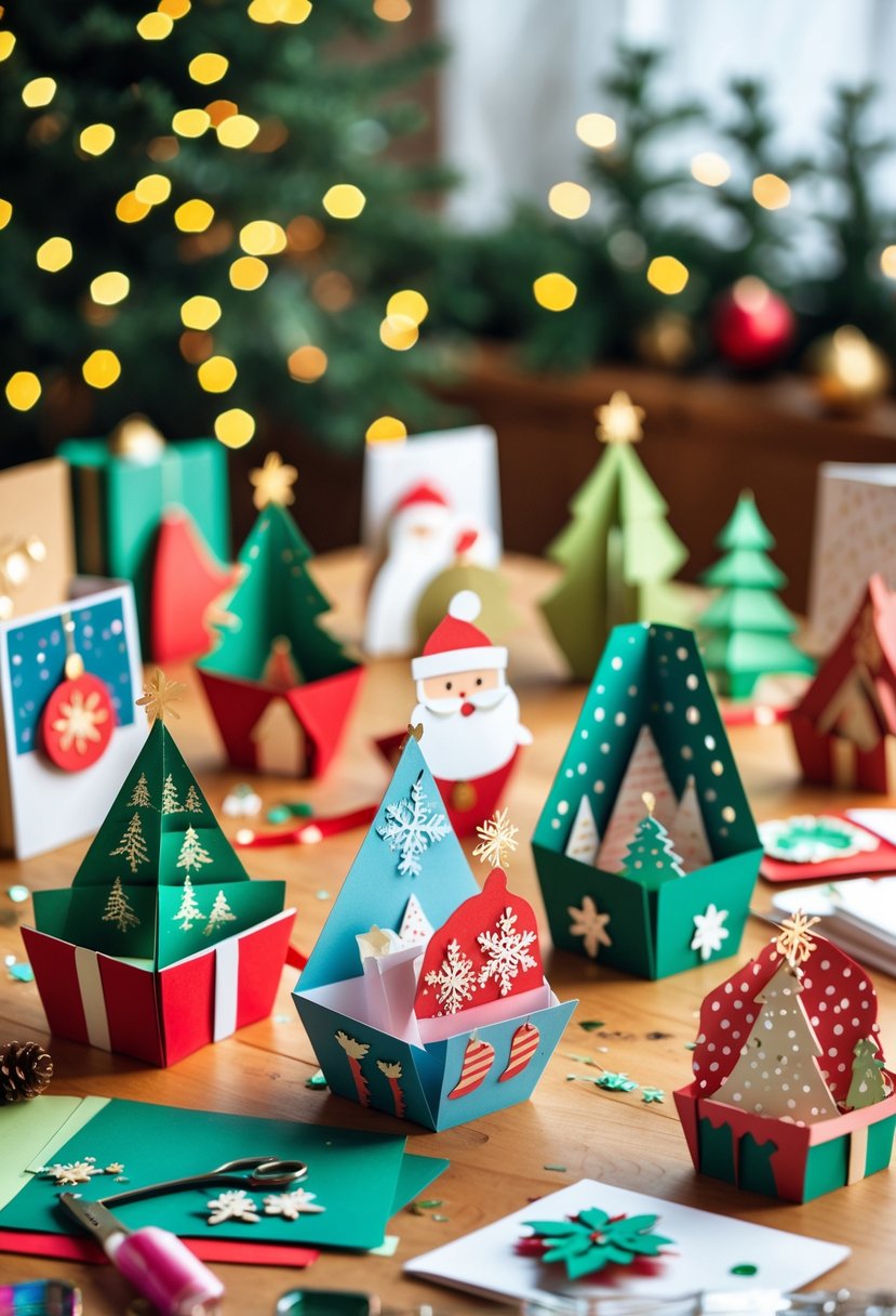 A wooden table with thirteen colorful pop-up Christmas cards surrounded by crafting materials and holiday decorations.
