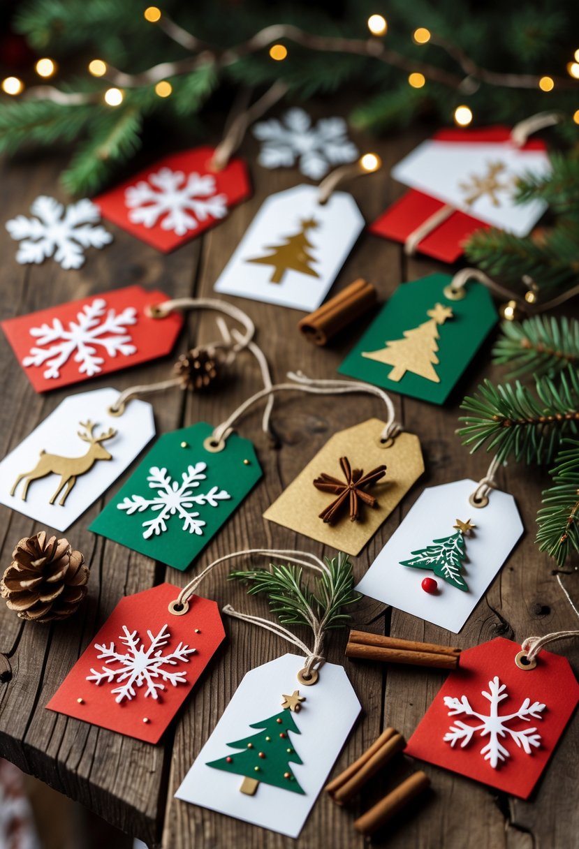 A collection of handmade Christmas paper gift tags with festive designs arranged on a wooden table surrounded by holiday decorations.