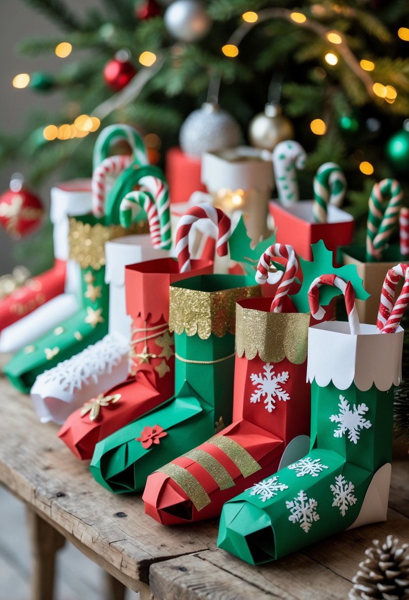 A collection of thirteen colorful paper Christmas stockings arranged on a wooden table with holiday decorations in the background.