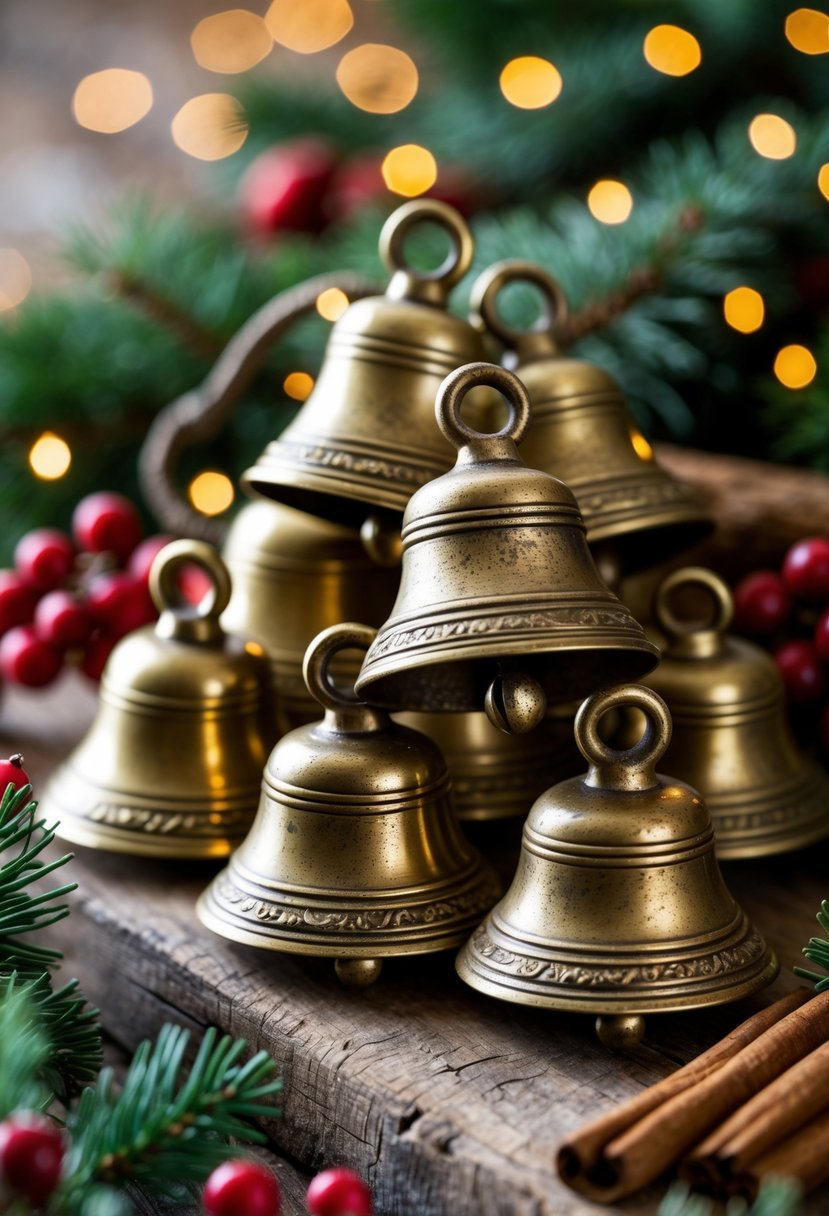 Close-up of vintage brass Christmas bells arranged with pine branches, red berries, and cinnamon sticks on a wooden surface.