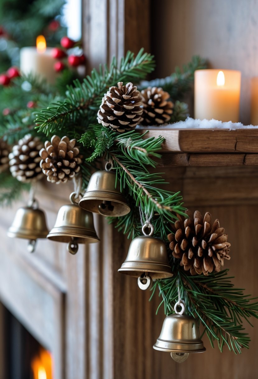 A jingle bell garland decorated with pinecones draped over a wooden surface with Christmas greenery and warm lighting.