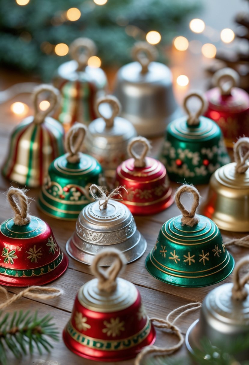 A collection of colorful recycled tin Christmas bell decorations arranged on a wooden surface with holiday greenery and lights in the background.