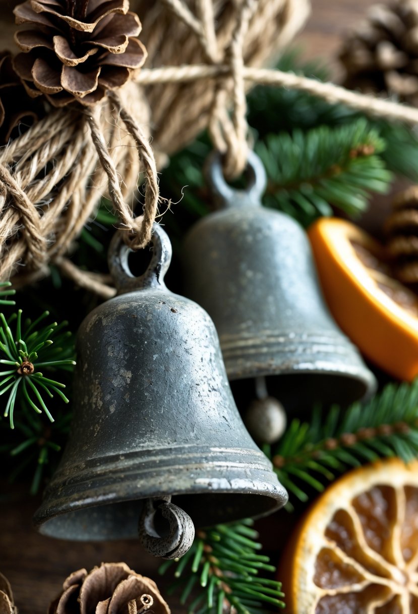 Close-up of rustic metal Christmas bells wrapped in twine, surrounded by pine branches and pinecones.