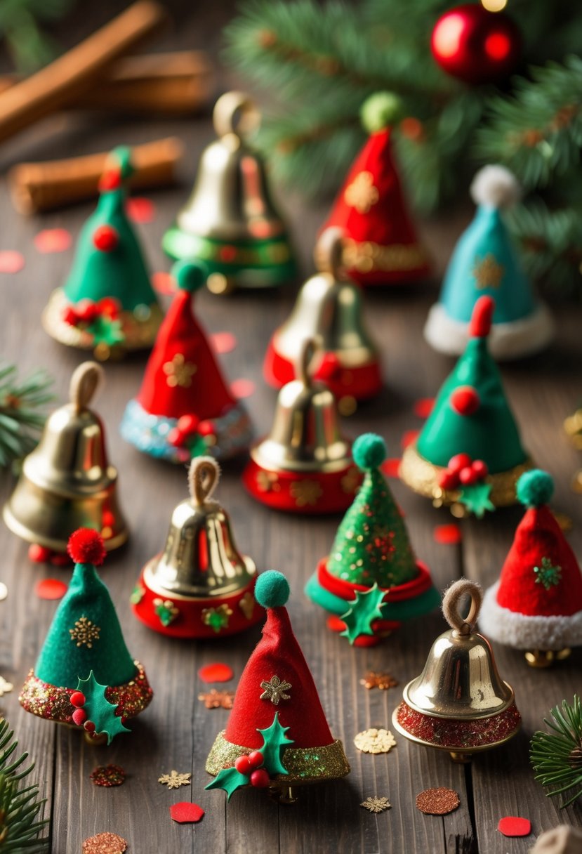 A collection of 15 miniature elf-themed Christmas bell ornaments arranged on a wooden surface with holiday decorations around them.