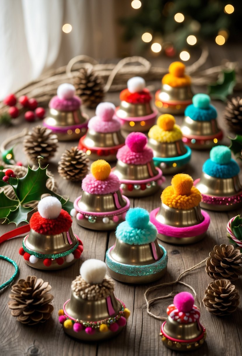 A collection of colorful Christmas bells decorated with pom-pom trims arranged on a wooden surface with holiday craft materials around them.