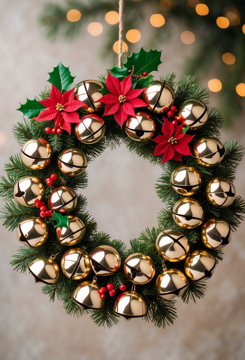 A Christmas wreath made of 15 shiny bells decorated with red flowers, holly leaves, and pine sprigs hanging against a soft background.