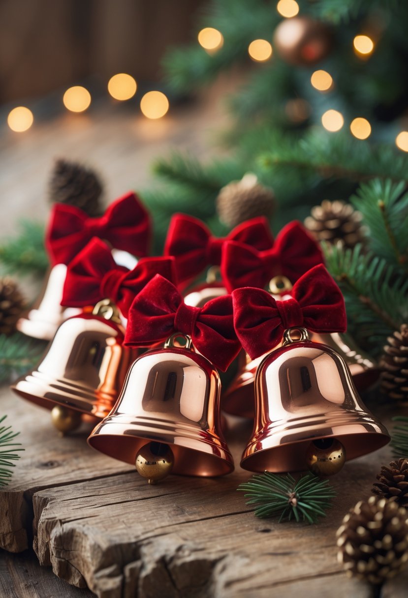 Close-up of copper Christmas bells with red bows on a wooden surface surrounded by pine branches and warm fairy lights.
