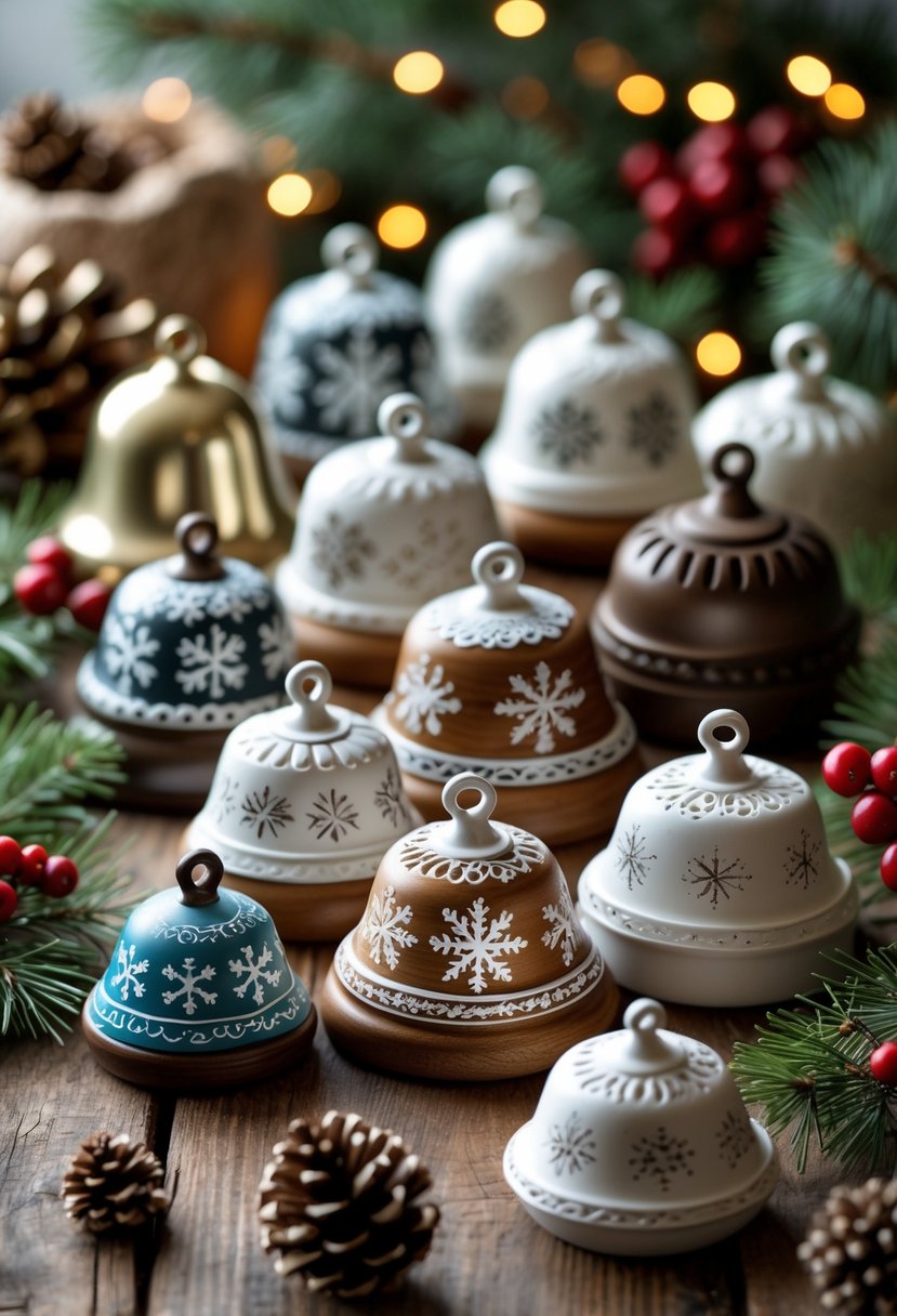 A collection of 15 Christmas bells decorated with snowflake patterns arranged on a wooden table with pine branches, berries, pine cones, and warm holiday lights.