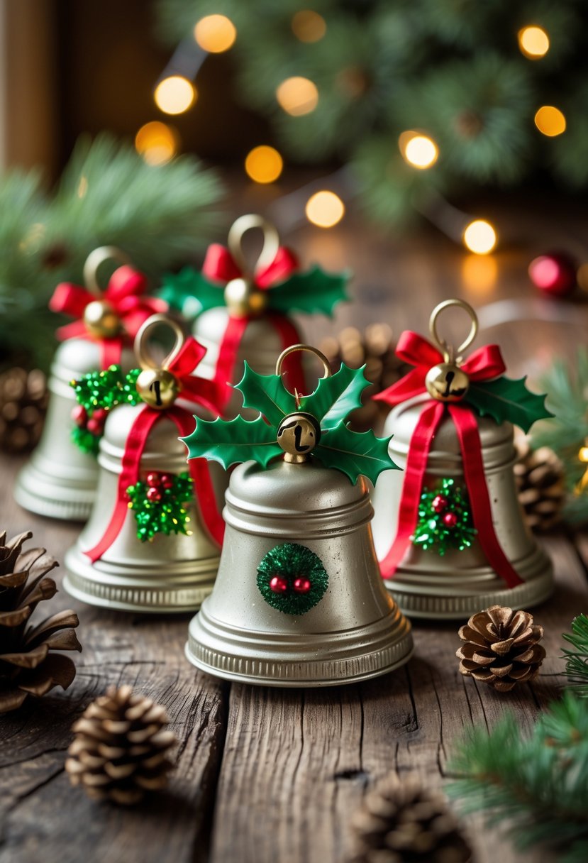 A collection of decorated Christmas bells made from mason jar lids arranged on a wooden surface with festive holiday decorations in the background.