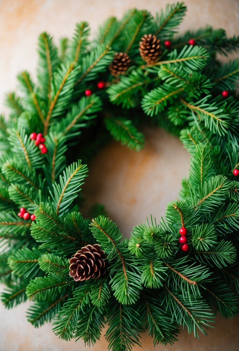 A circular Christmas wreath made of pine and fir branches decorated with pine cones and red berries.