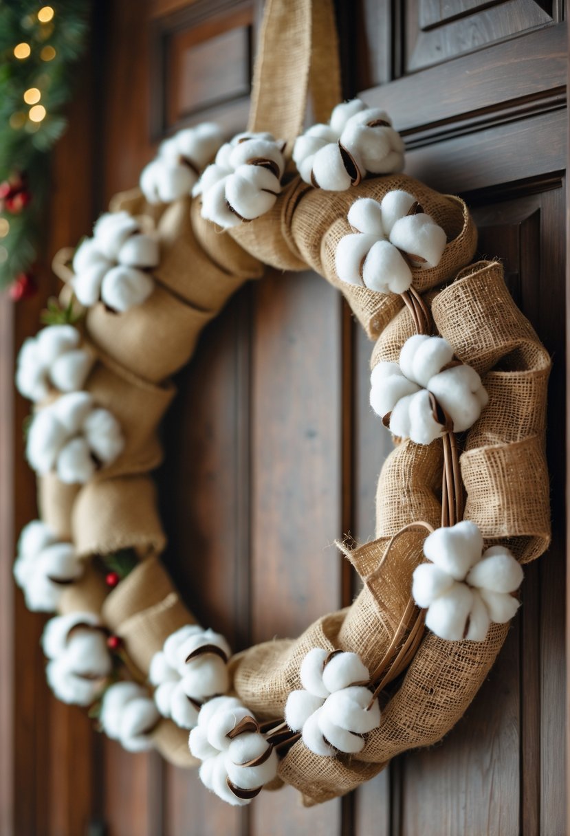 A Christmas wreath made of burlap and cotton stems hanging on a wooden door.