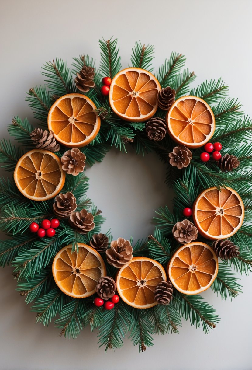 A Christmas wreath made of dried orange slices, cinnamon sticks, pine cones, evergreen sprigs, and red berries arranged in a circle.