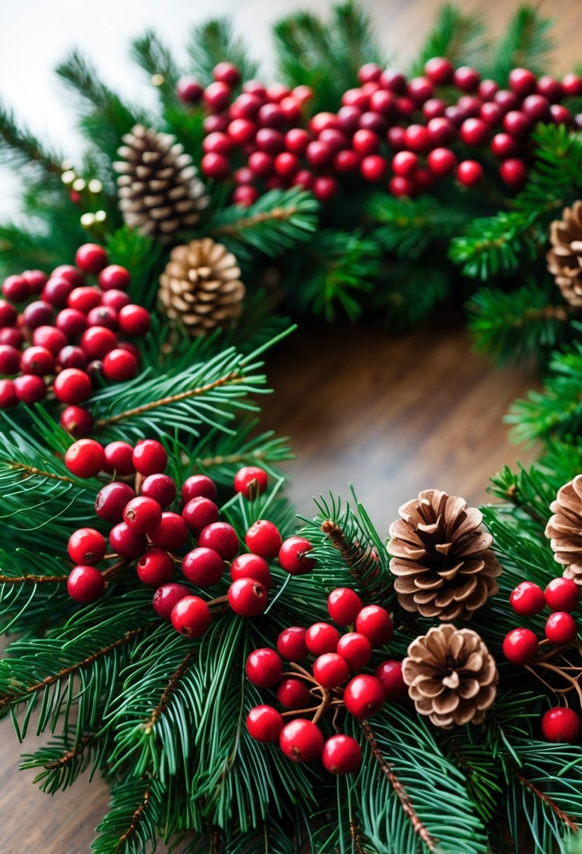A circular Christmas wreath made of red berries, green pine needles, and pinecones.