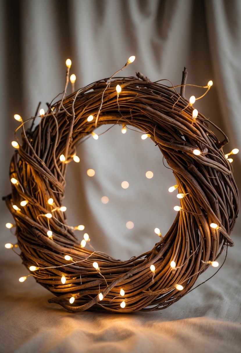 A rustic twig wreath wrapped with glowing fairy lights on a blurred warm background.