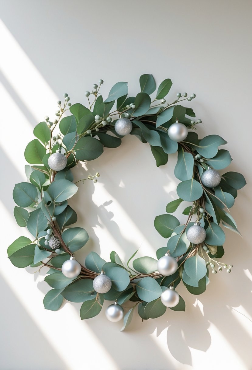 A circular Christmas wreath made of eucalyptus leaves and silver decorations on a plain light background.