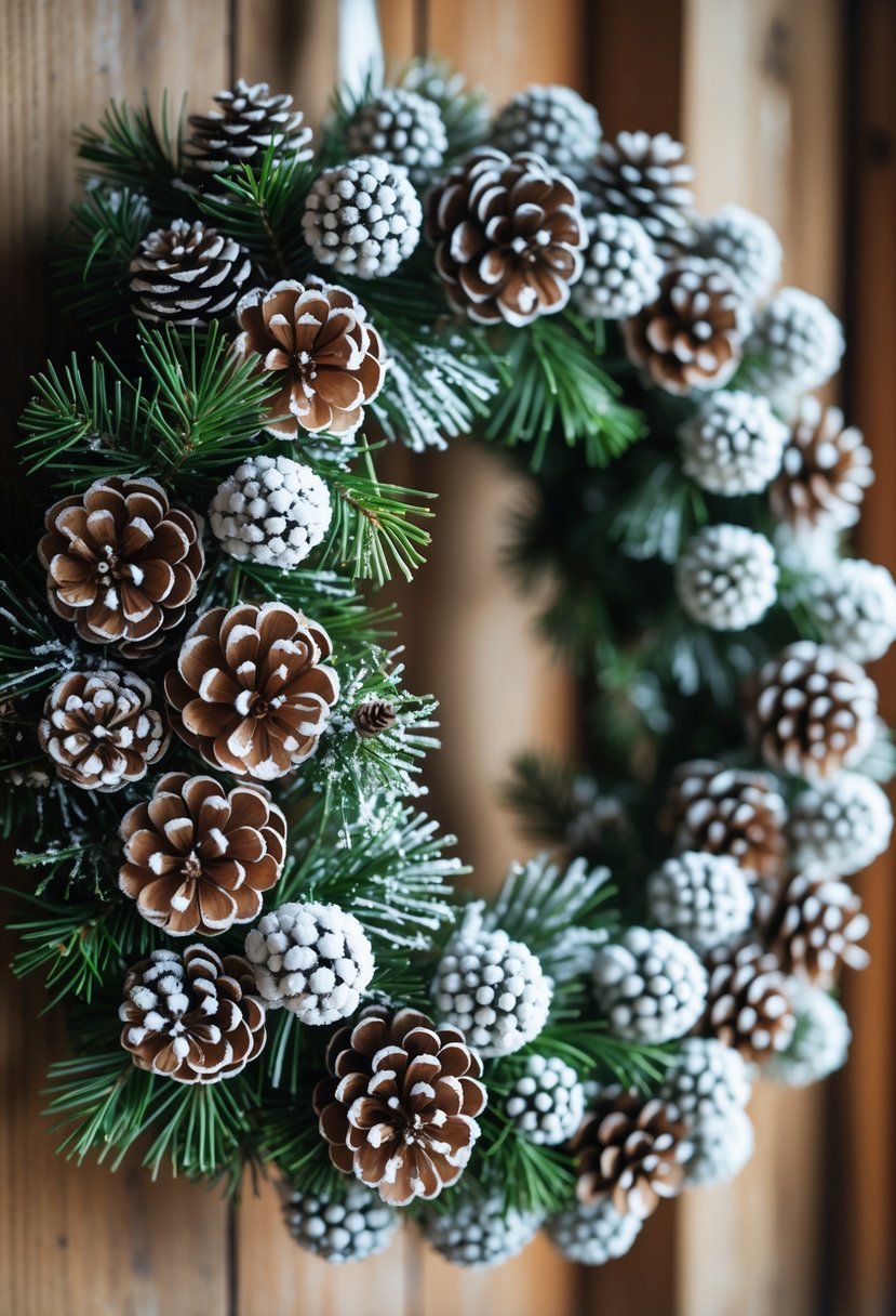 A Christmas wreath made of pinecones dusted with snow and white berries hanging against a wooden background.