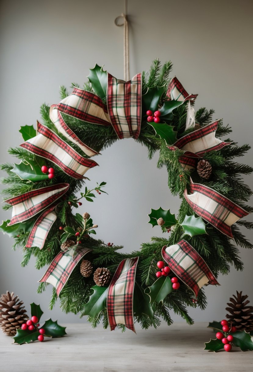 A Christmas wreath made of evergreen branches decorated with plaid ribbons, pinecones, and berries hanging on a neutral background.