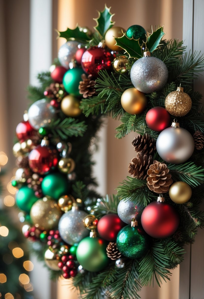 A colorful Christmas wreath decorated with various shiny baubles and pinecones.