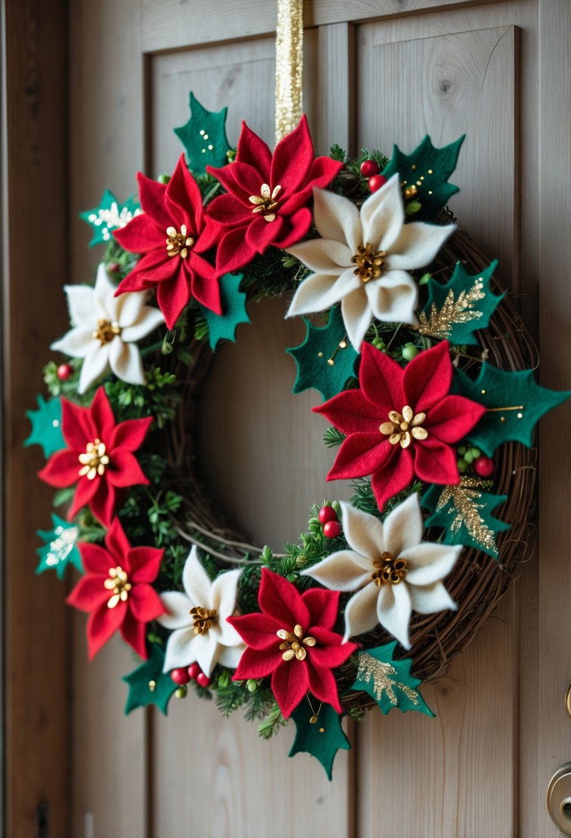 A colorful Christmas wreath made of felt flowers and leaves hanging on a wooden door.