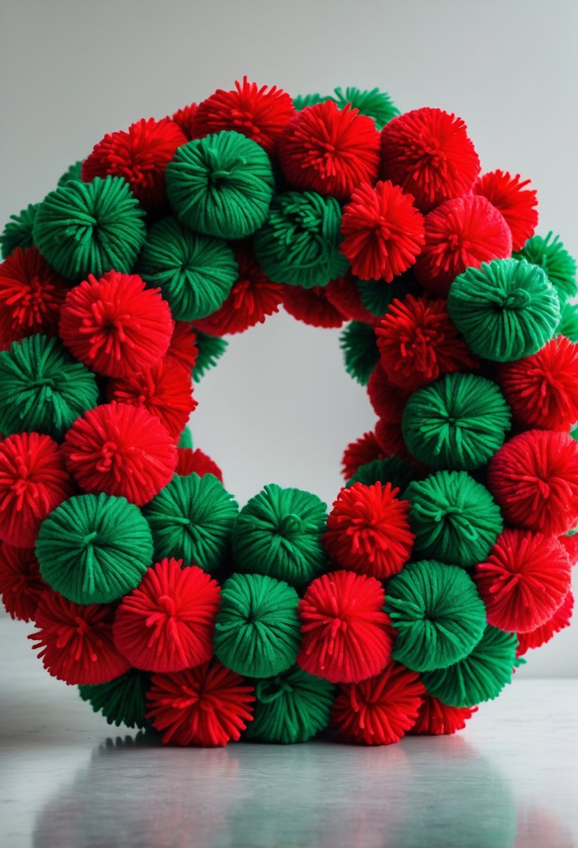 A circular Christmas wreath made of red and green wool yarn pom-poms on a plain background.