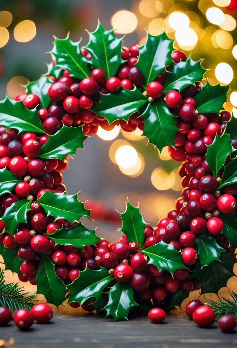 A circular holiday wreath made of cranberries and holly berries with green leaves on a softly blurred background.