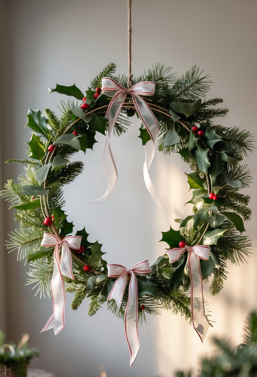 A metal hoop wreath decorated with green foliage and red and white ribbons hanging on a light-colored wall.