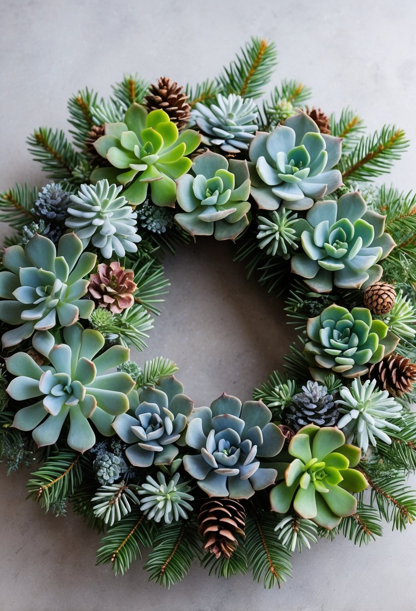 A circular wreath made of winter succulents and pine branches arranged on a neutral background.