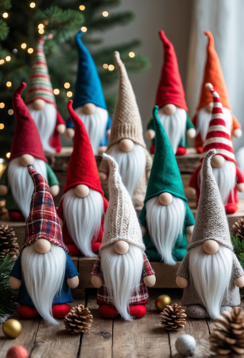 Thirteen colorful handmade Christmas gnome crafts displayed on a wooden table with holiday decorations in the background.
