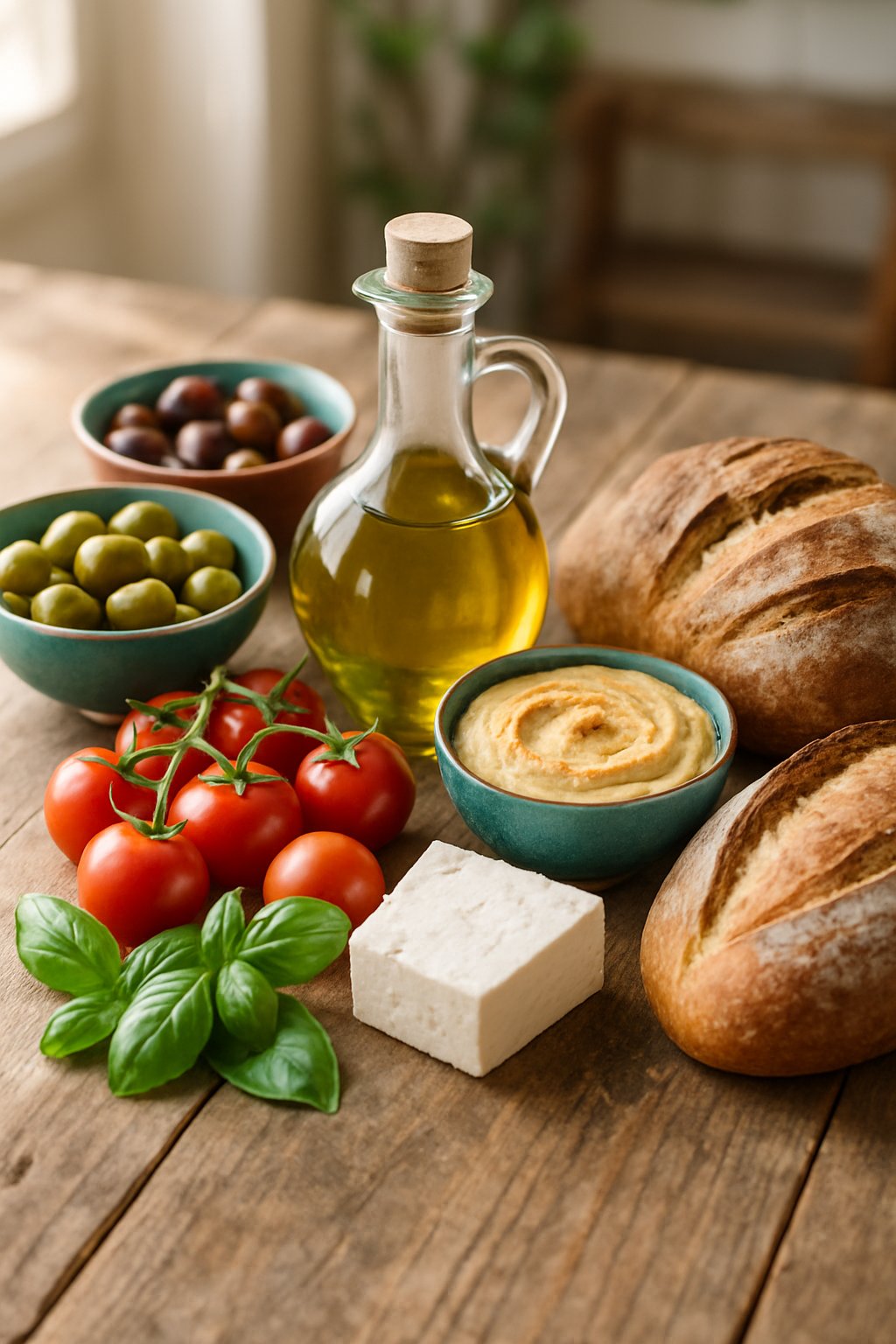 A wooden table with various Mediterranean foods including fresh breads, olives, tomatoes, olive oil, feta cheese, and hummus.