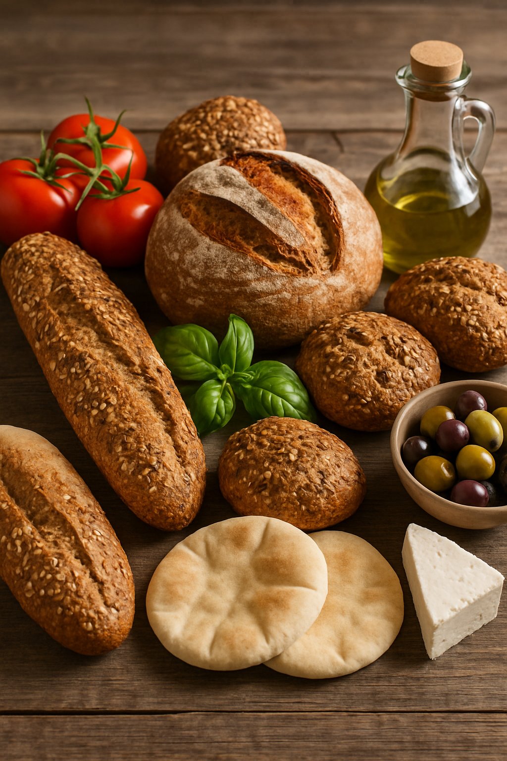 A wooden table with an assortment of Mediterranean breads surrounded by tomatoes, olives, olive oil, basil, and feta cheese.