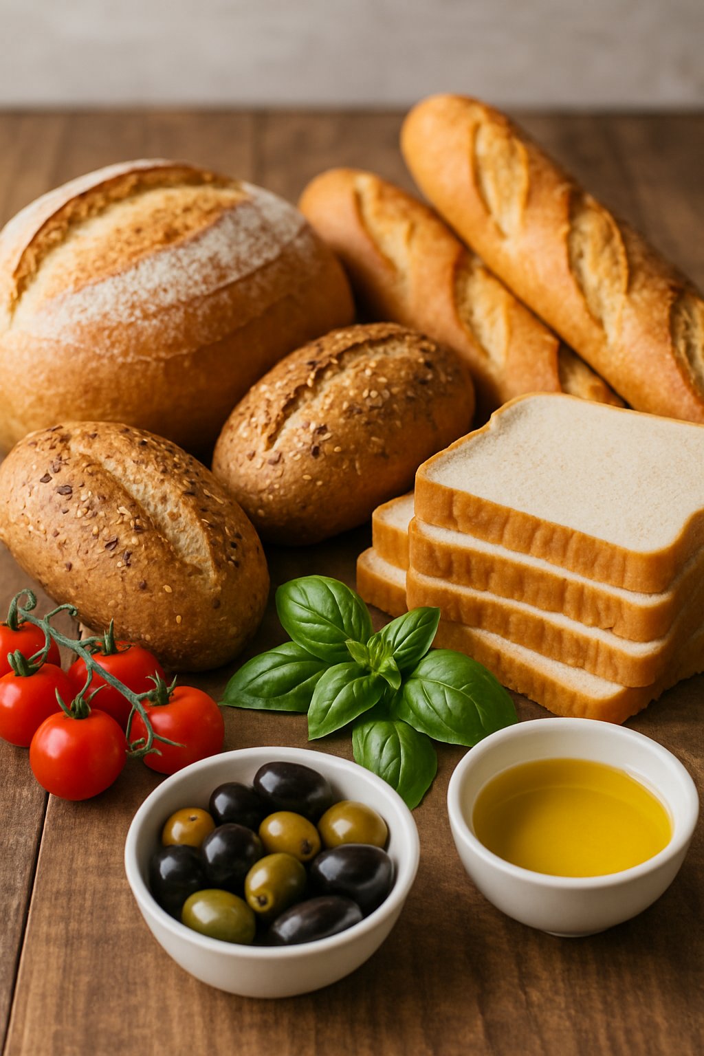 A variety of breads displayed on a wooden table next to fresh olives, cherry tomatoes, basil, and olive oil.
