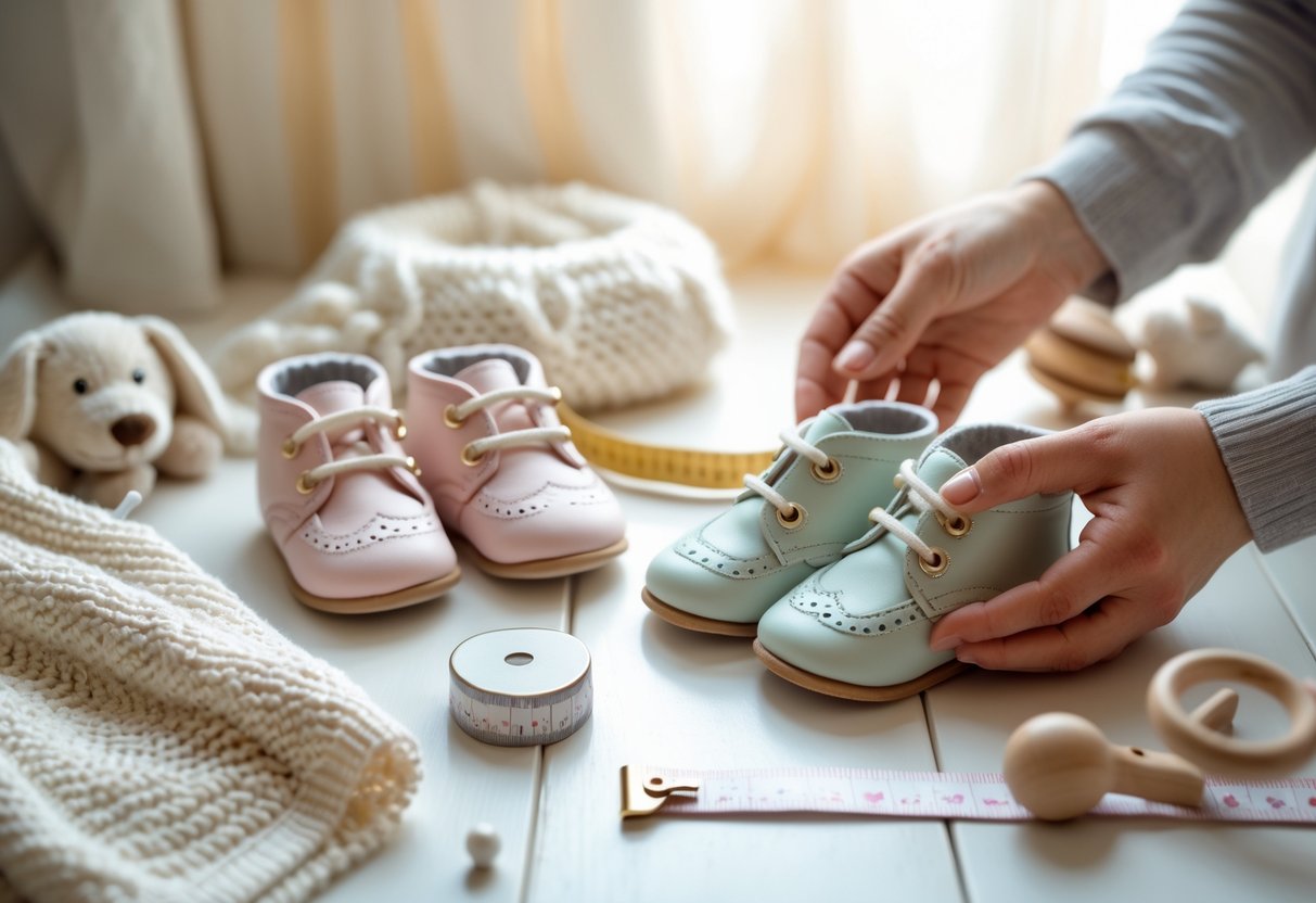 Vaiko pirmieji batukai ant medinio paviršiaus, tėvų rankos apžiūrinėja batukus, šalia matosi kūdikio žaislai ir megztas pledas.