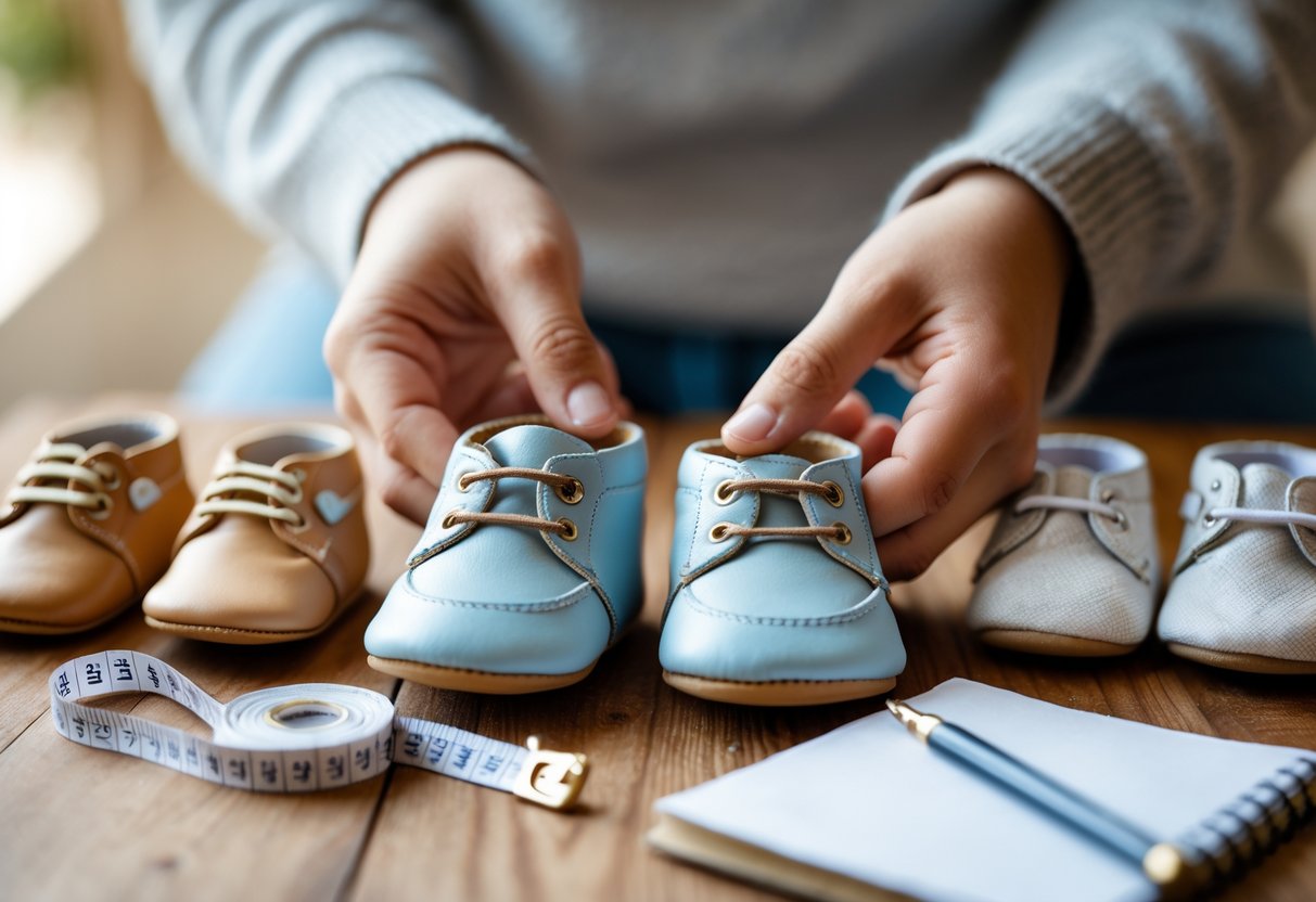 Rankos laiko mažus vaikiškus batukus ant medinio stalo su matavimo juosta ir užrašu fone.