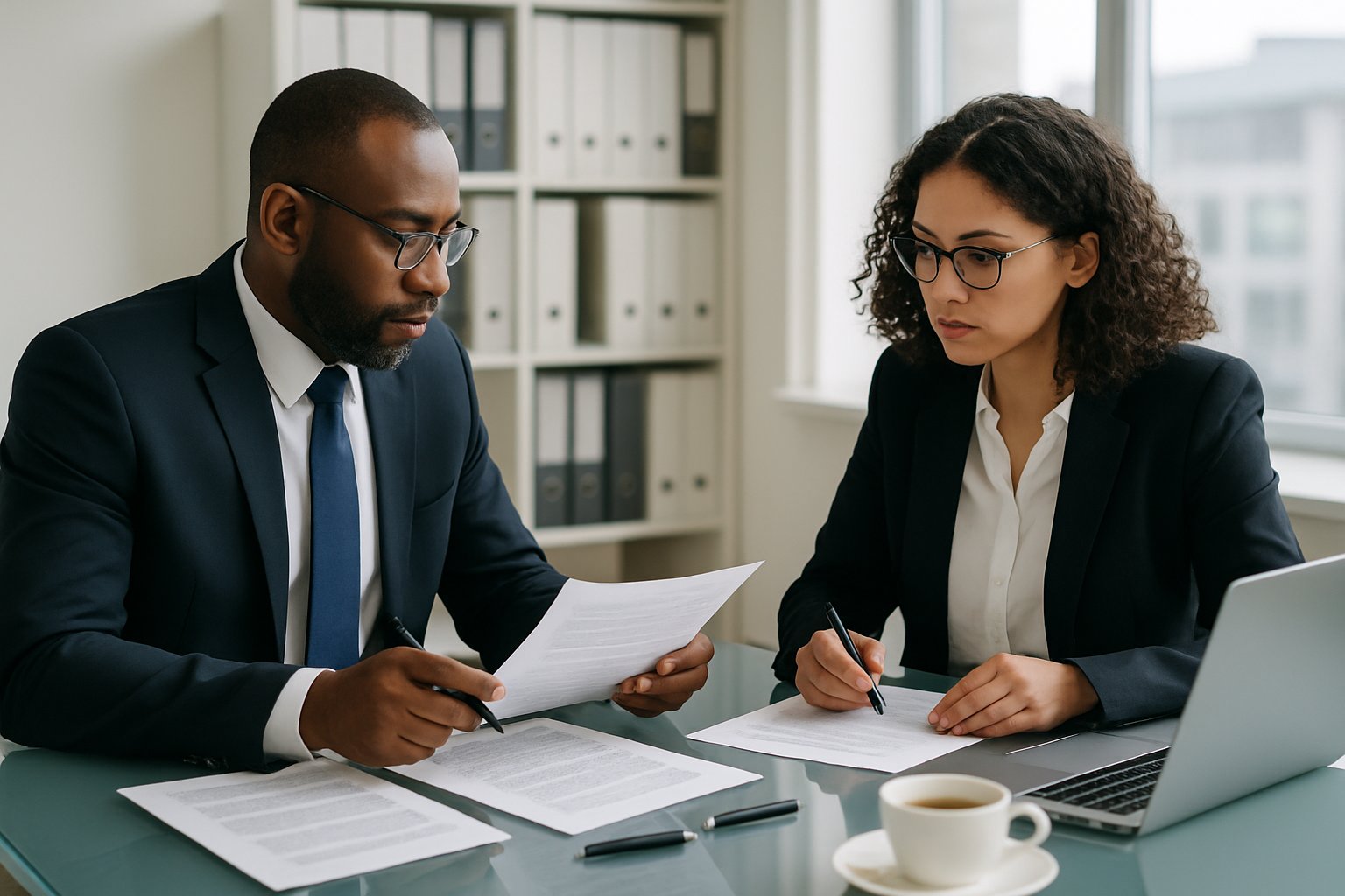 Reps and Warranties: Essential Insights for M&A Success 2 Two business professionals reviewing documents together at a conference table in an office.