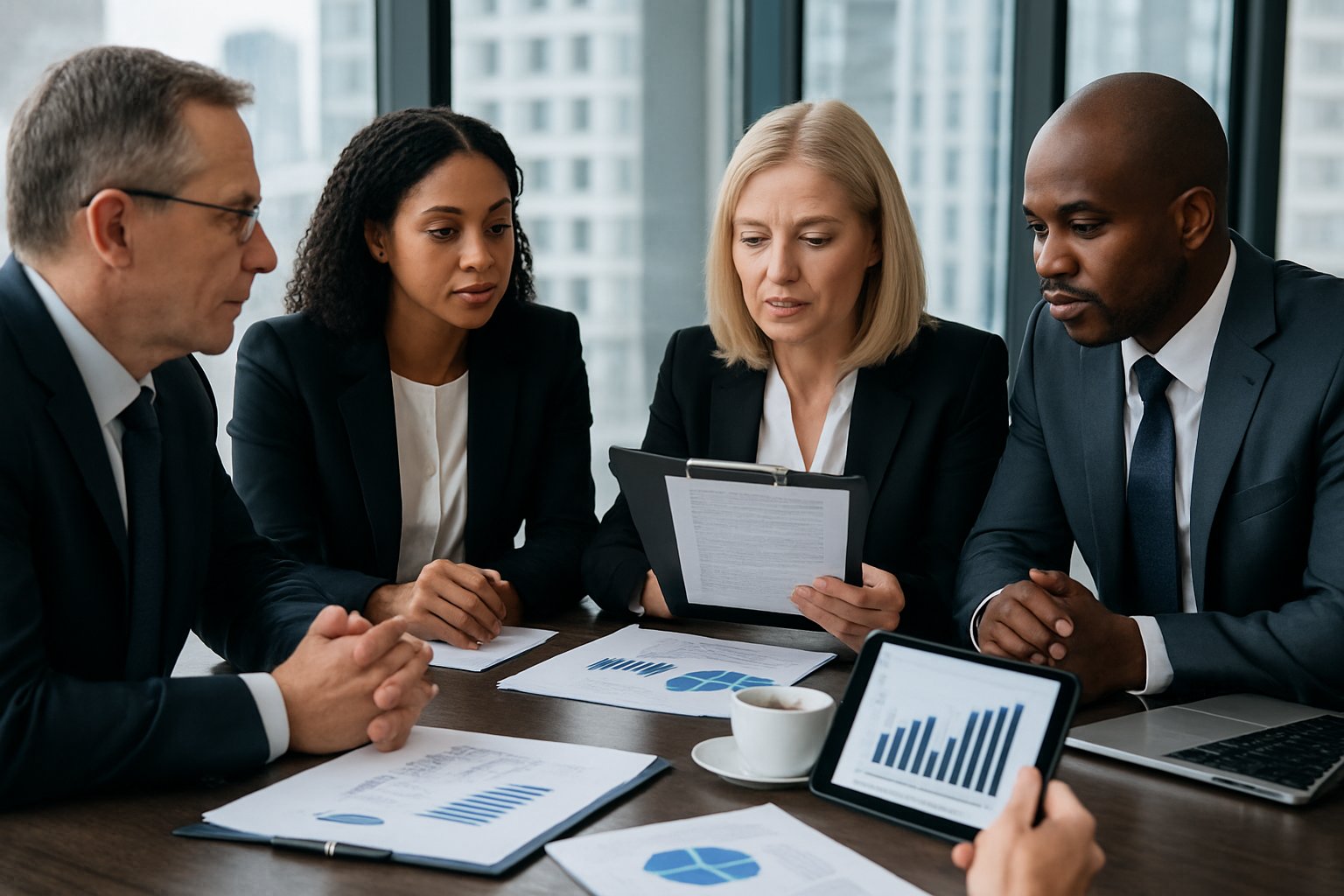 Reps and Warranties: Essential Insights for M&A Success 3 A group of business professionals in a conference room discussing documents and digital tablets around a table.